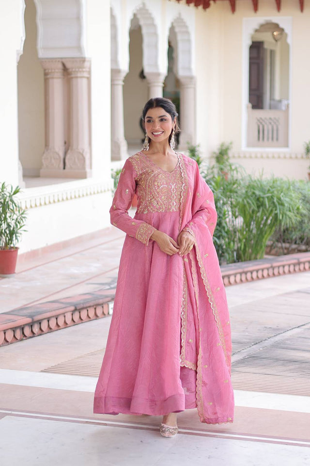 Pink Sequin with Embroidered Silk Blend Gown (ACA6070)