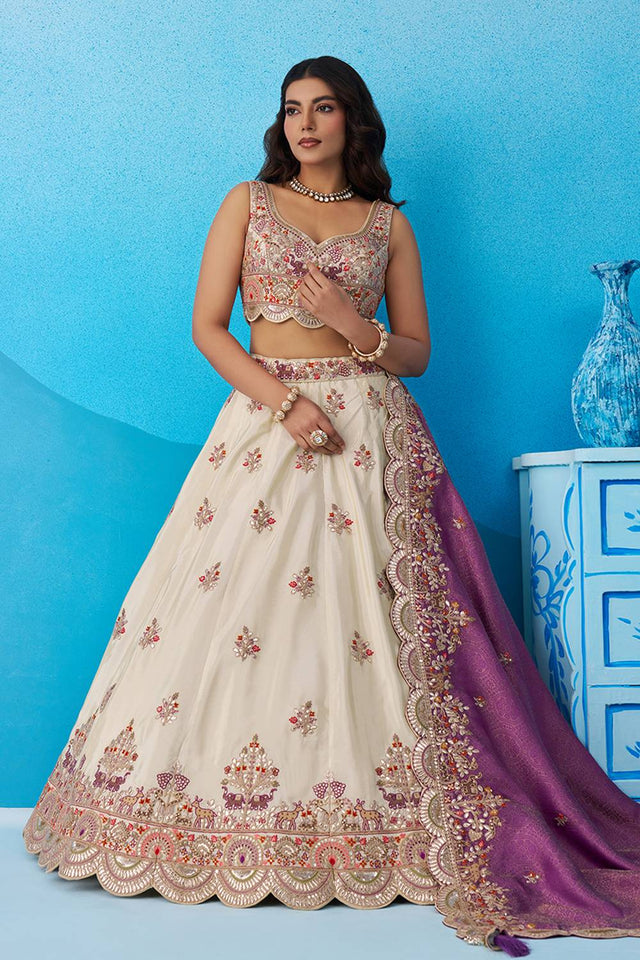 Cream Floral Embroidered Tissue Lehenga (ACA6085)