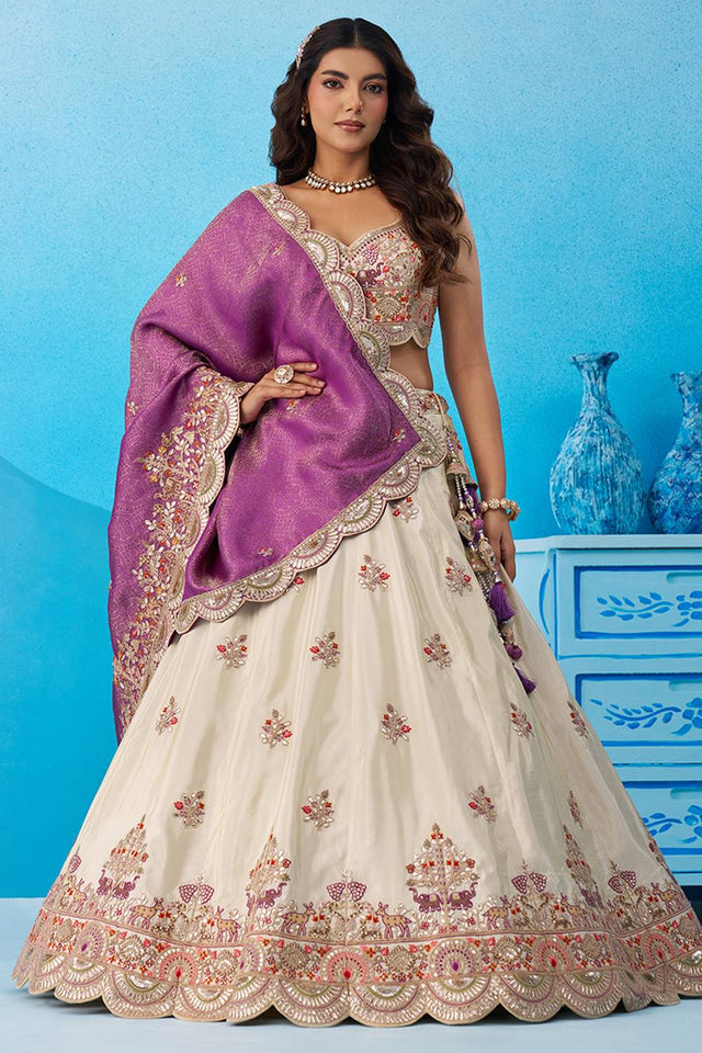 Cream Floral Embroidered Tissue Lehenga (ACA6085)