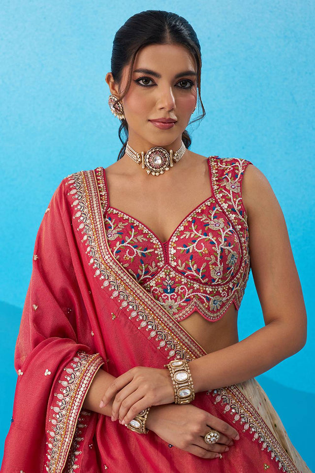 Cream Floral Embroidered Jacquard Lehenga (ACA6089)