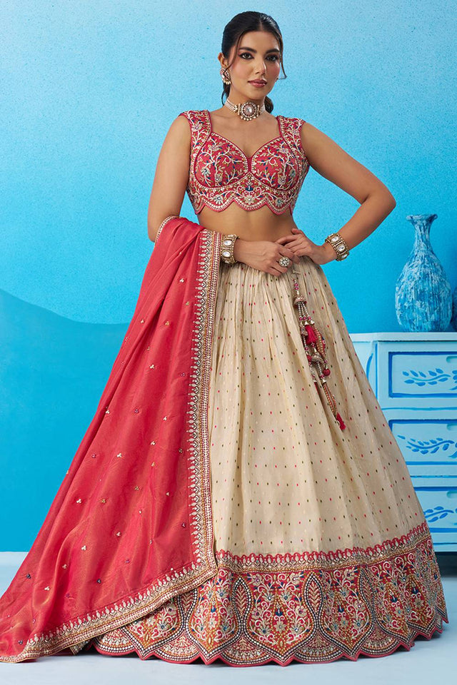 Cream Floral Embroidered Jacquard Lehenga (ACA6089)