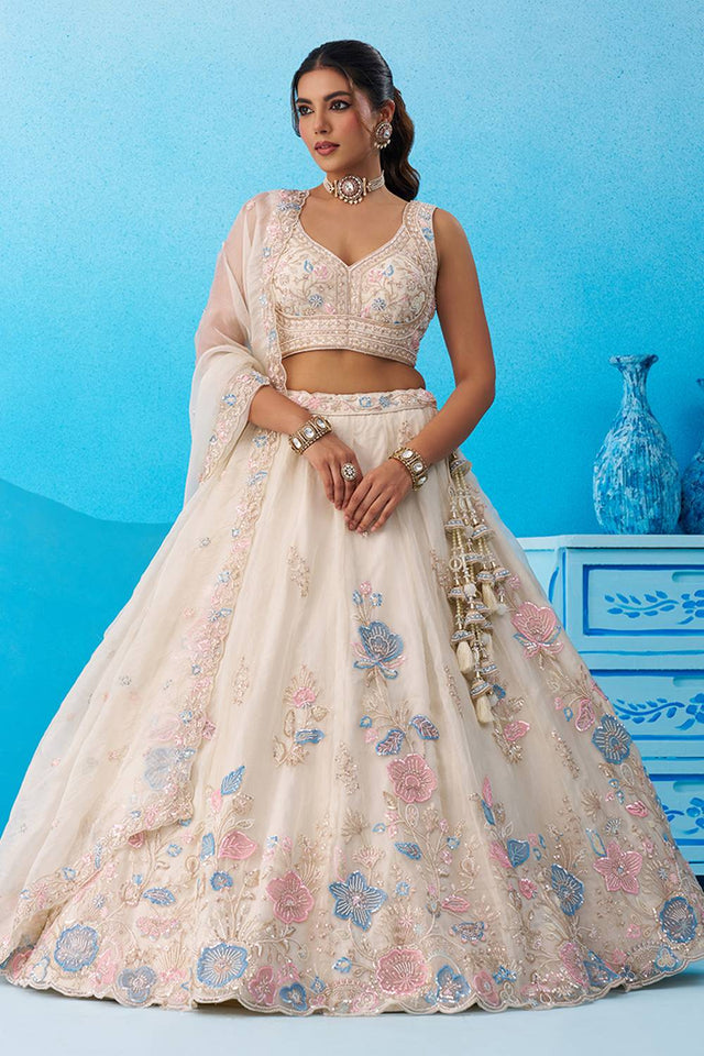 Cream Floral Embroidered Tissue Lehenga (ACA6092)