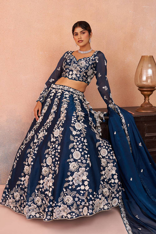 Blue Floral Embroidered Organza Lehenga (ACA6094)