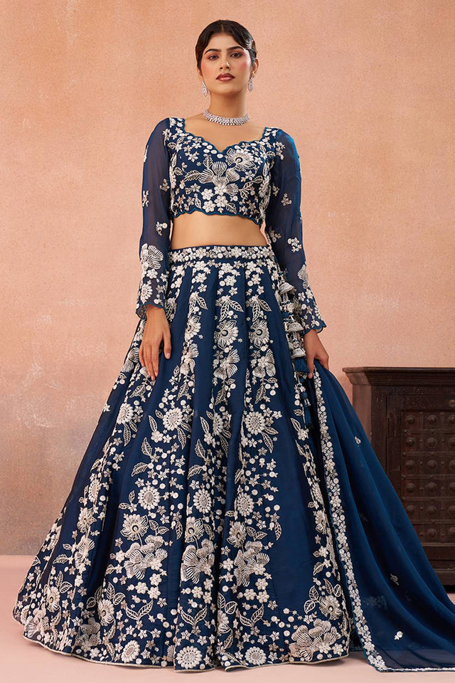 Blue Floral Embroidered Organza Lehenga (ACA6094)