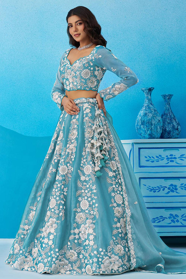 Sea Green Floral Embroidered Organza Lehenga (ACA6095)
