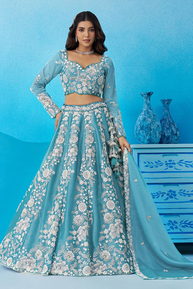 Sea Green Floral Embroidered Organza Lehenga (ACA6095)