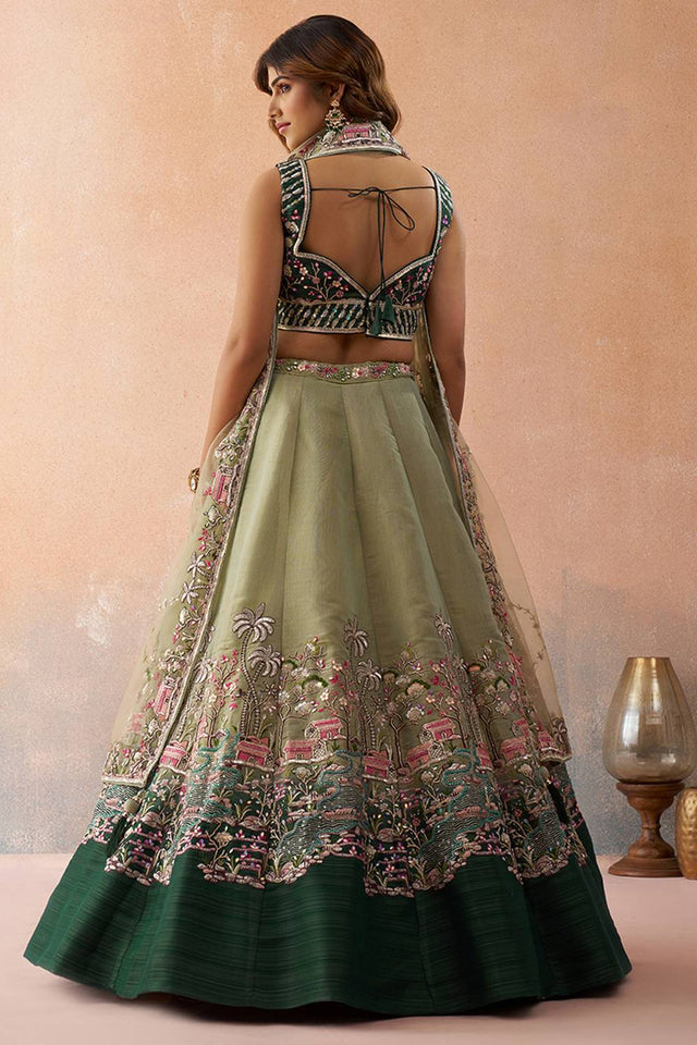 Green Floral Embroidered Net Lehenga (ACA6097)
