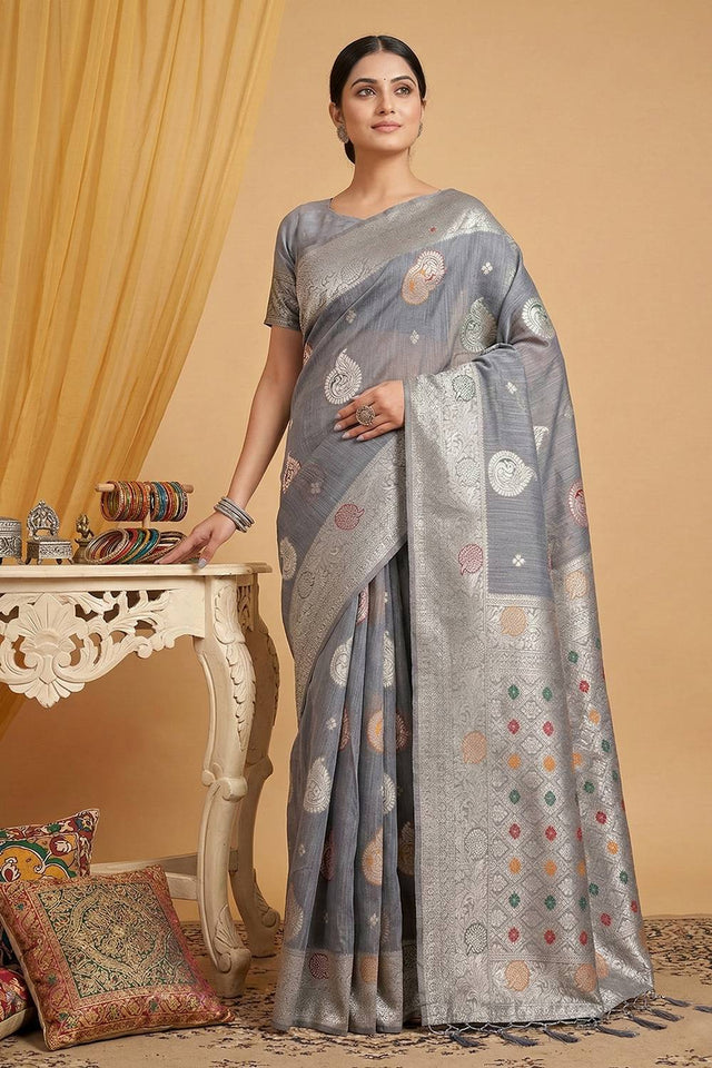 Grey Woven Linen Saree (ACA6099)