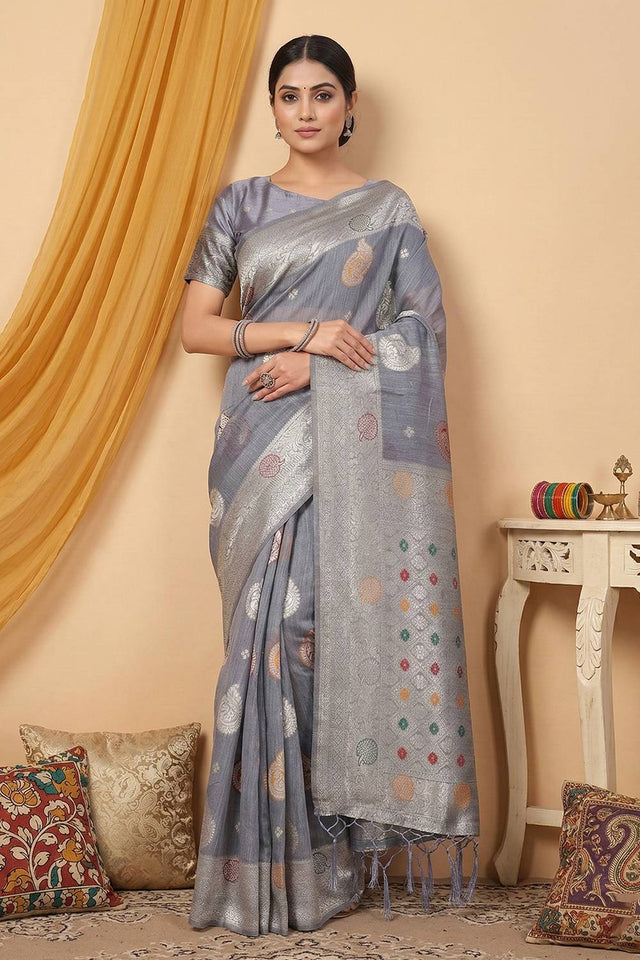 Grey Woven Linen Saree (ACA6099)