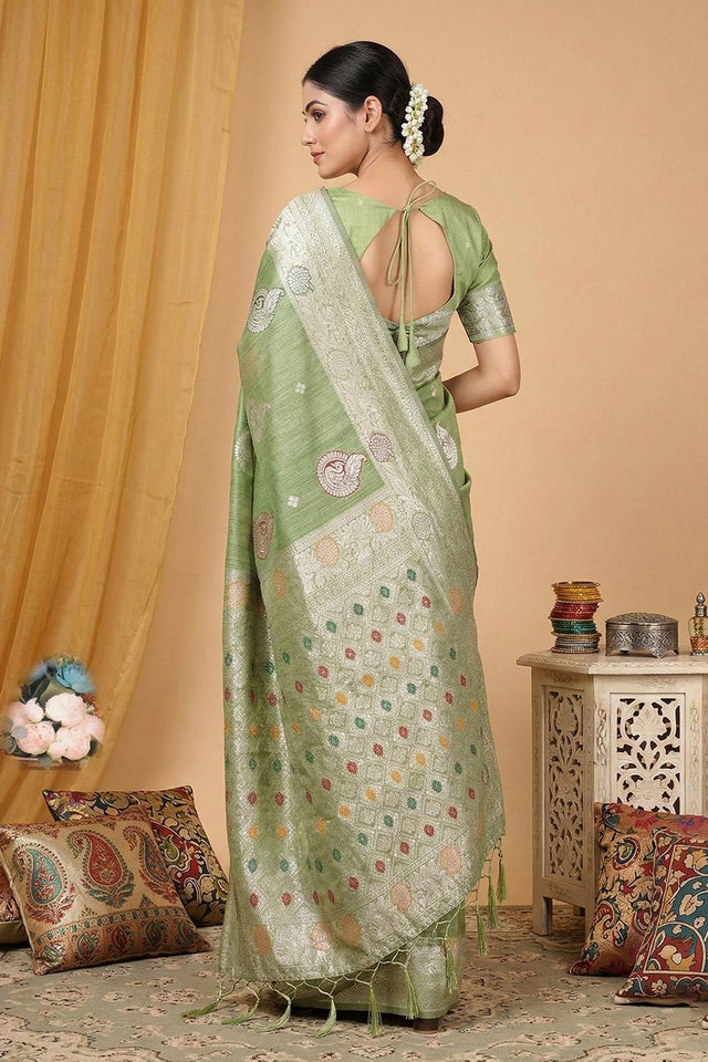 Green Woven Linen Saree (ACA6101)