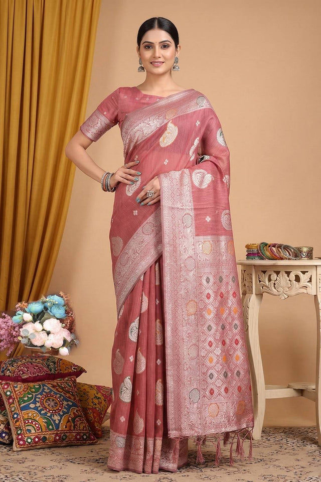 Pink Woven Linen Saree (ACA6102)
