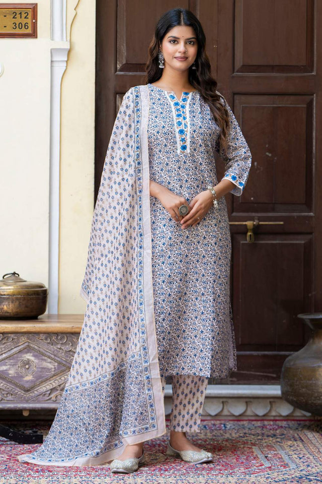 Blue Floral Printed Cotton Blend Kurti Pant Set (ACA6104)