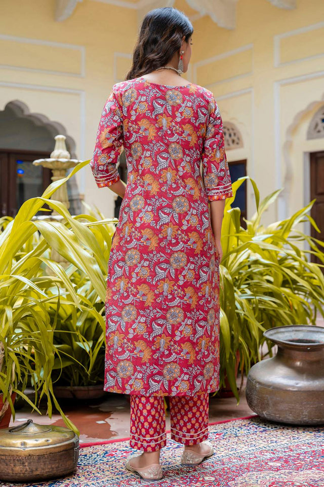 Maroon Floral Printed Cotton Blend Kurti Pant Set (ACA6108)