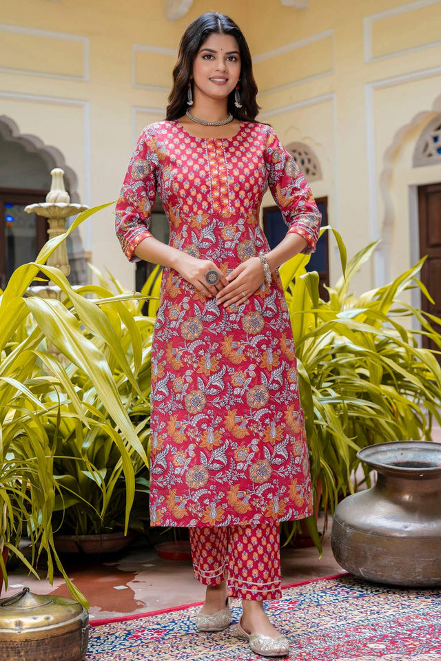 Maroon Floral Printed Cotton Blend Kurti Pant Set (ACA6108)