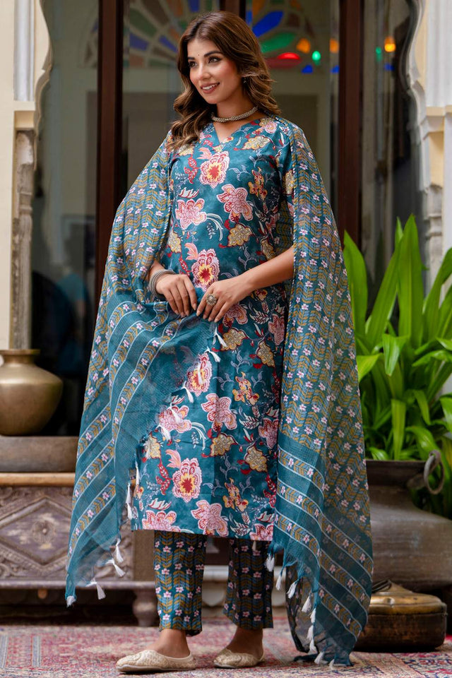 Turquoise Floral Printed Cotton Blend Kurti Pant Set (ACA6110)