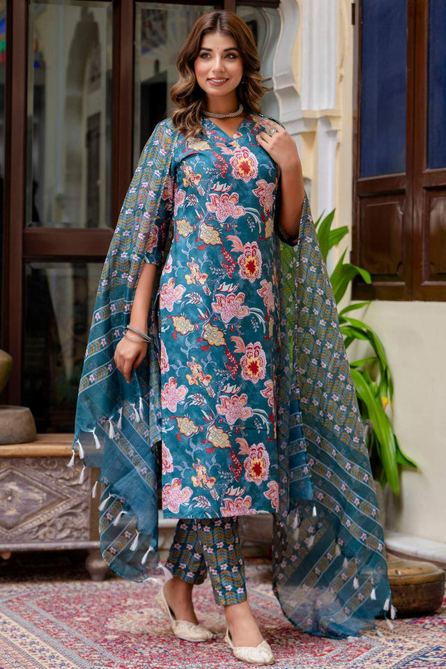 Turquoise Floral Printed Cotton Blend Kurti Pant Set (ACA6110)