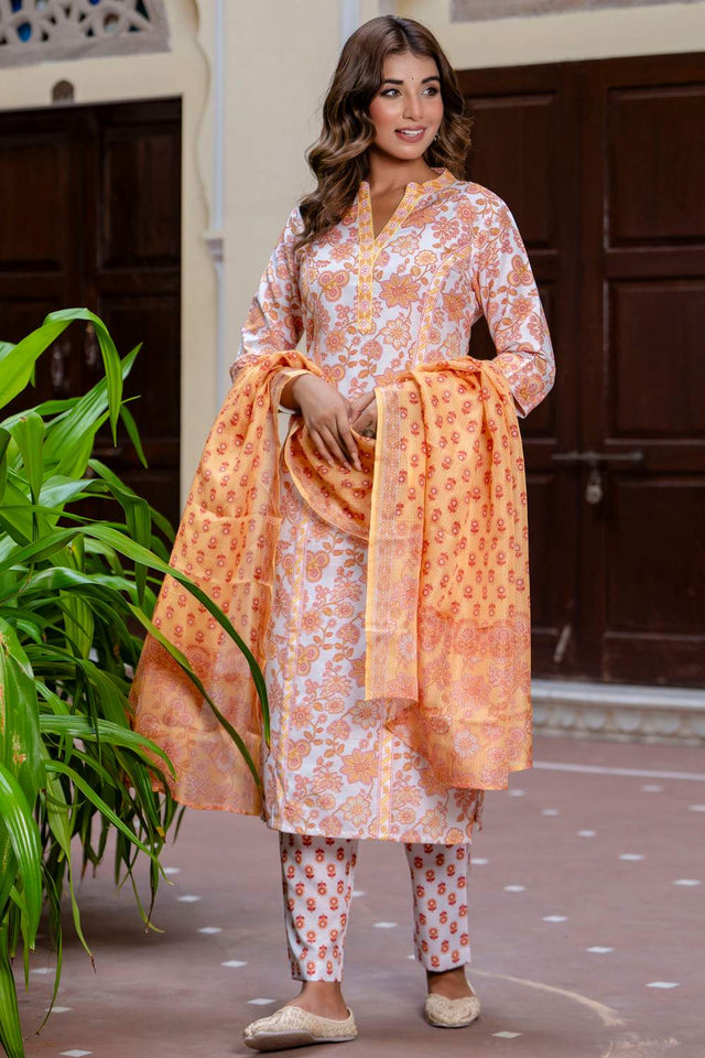 Yellow Floral Printed Cotton Blend Kurti Pant Set (ACA6112)