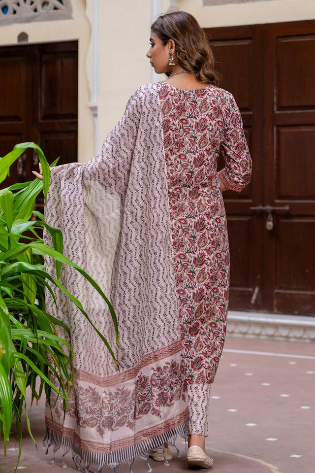 Maroon Floral Printed Cotton Blend Kurti Pant Set (ACA6113)