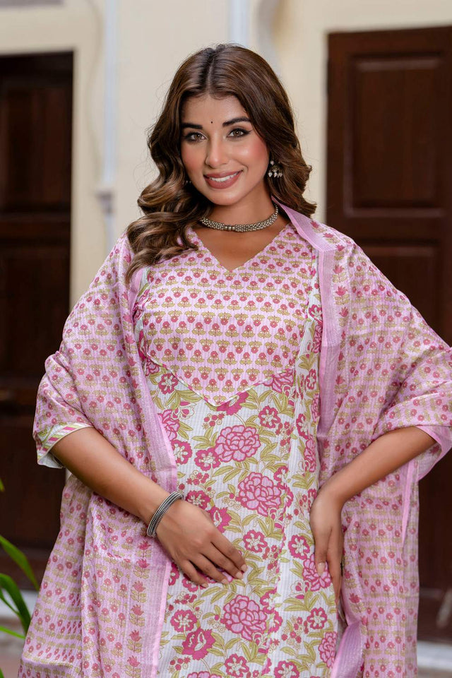 Violet Floral Printed Cotton Blend Kurti Pant Set (ACA6114)