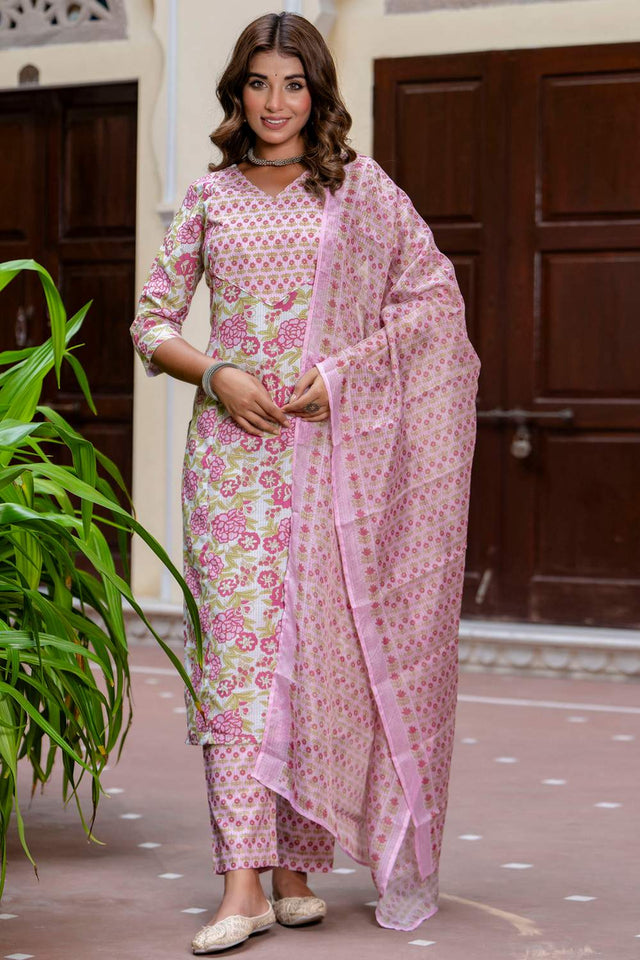 Violet Floral Printed Cotton Blend Kurti Pant Set (ACA6114)