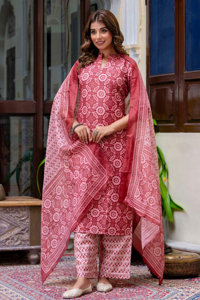 Orange Floral Printed Cotton Blend Kurti Pant Set (ACA6120)