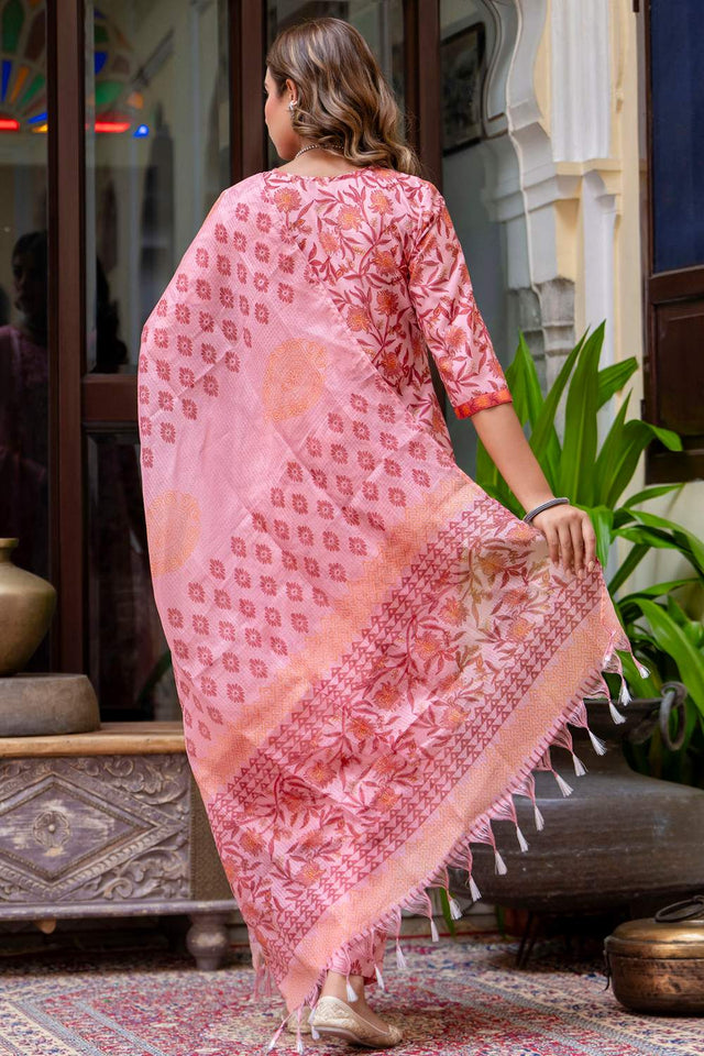 Peach Floral Printed Cotton Blend Kurti Pant Set (ACA6122)