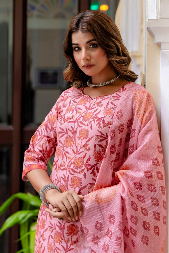 Peach Floral Printed Cotton Blend Kurti Pant Set (ACA6122)