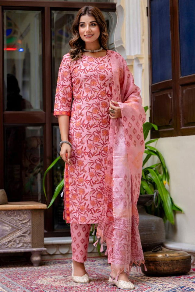 Peach Floral Printed Cotton Blend Kurti Pant Set (ACA6122)