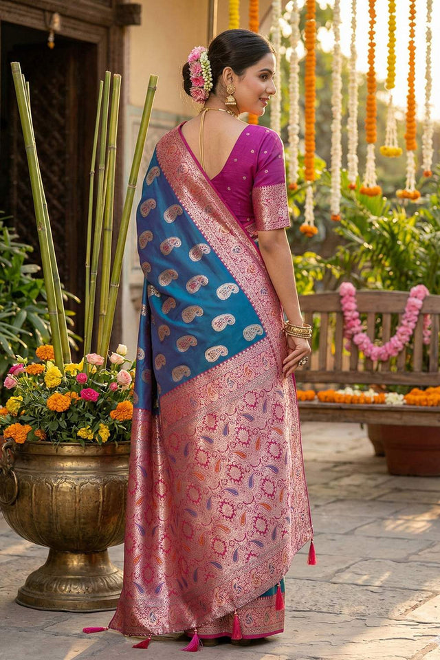 Blue Woven Silk Blend Saree (ACA6137)