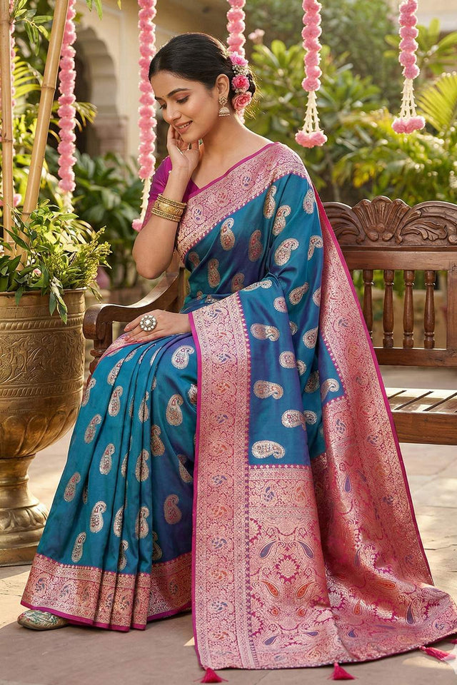 Blue Woven Silk Blend Saree (ACA6137)