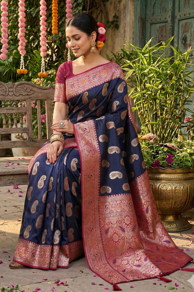 Navy Blue Woven Silk Blend Saree (ACA6139)