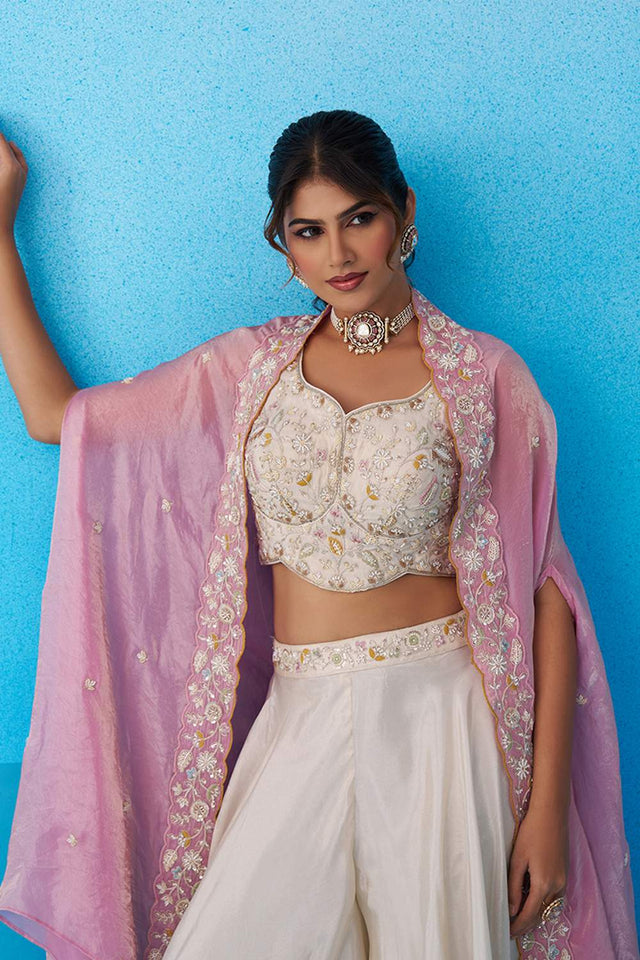 Cream Floral Embroidered Viscose Co-Ord Set (ACA6140)