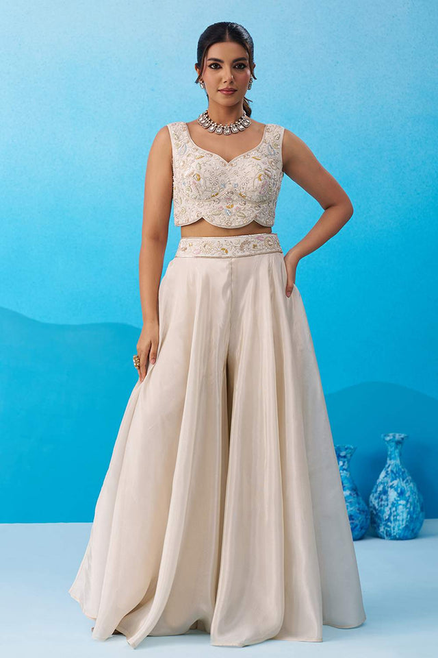Cream Floral Embroidered Viscose Co-Ord Set (ACA6141)