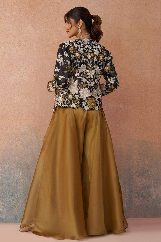 Mustard Floral Embroidered Tissue Co-Ord Set (ACA6142)