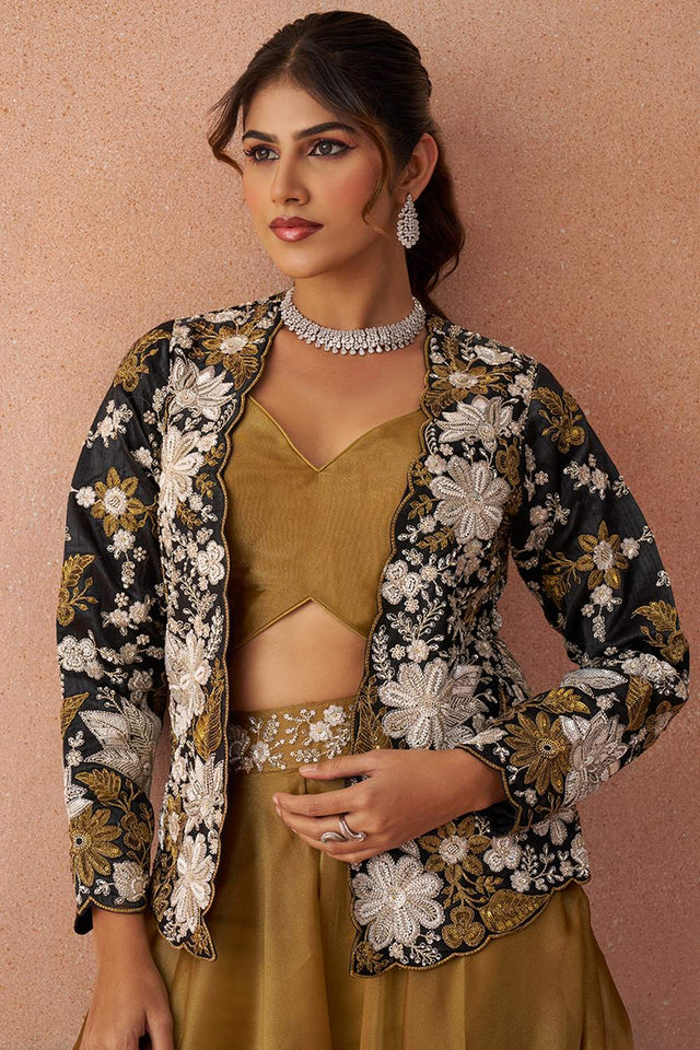 Mustard Floral Embroidered Tissue Co-Ord Set (ACA6142)