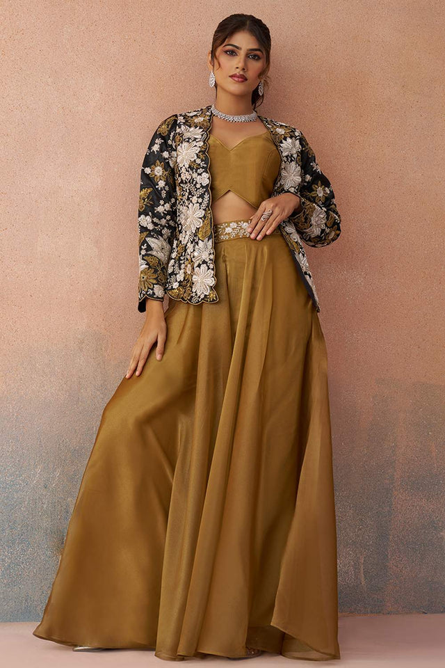 Mustard Floral Embroidered Tissue Co-Ord Set (ACA6142)