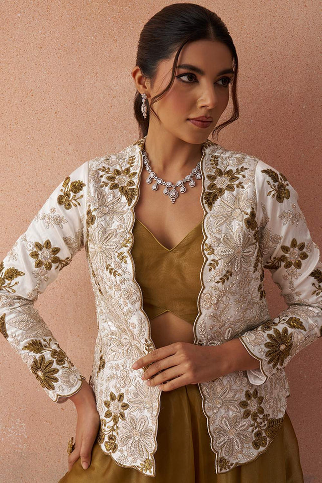 Mustard Floral Embroidered Tissue Co-Ord Set (ACA6143)