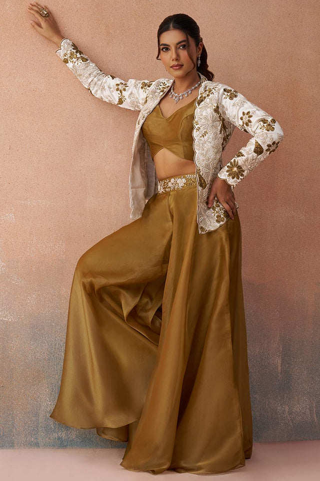 Mustard Floral Embroidered Tissue Co-Ord Set (ACA6143)
