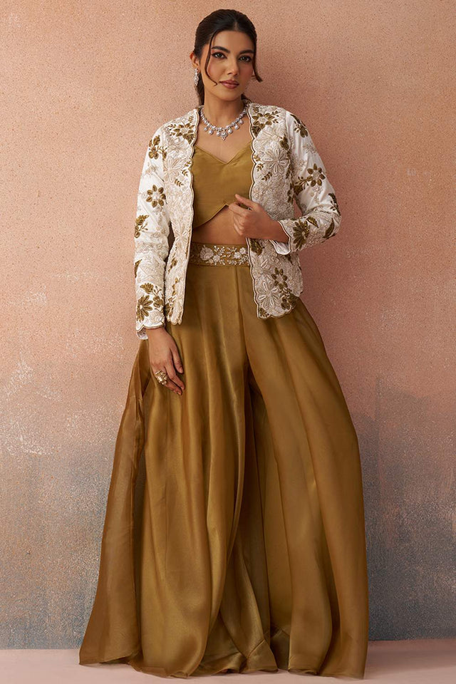 Mustard Floral Embroidered Tissue Co-Ord Set (ACA6143)