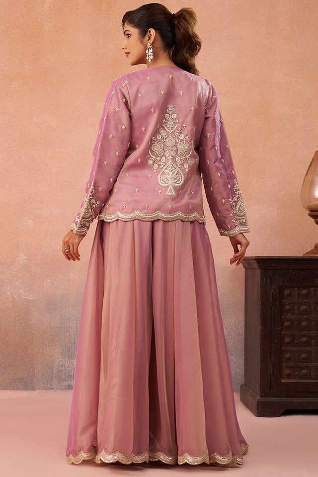 Pink Floral Embroidered Tissue Co-Ord Set (ACA6144)