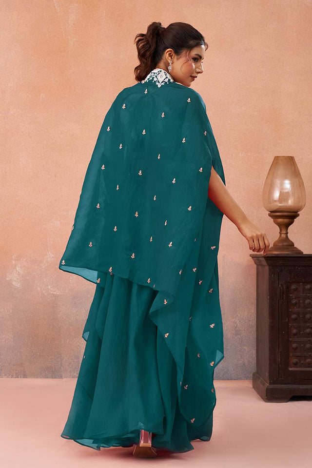 Turquoise Floral Embroidered Organza Co-Ord Set (ACA6146)