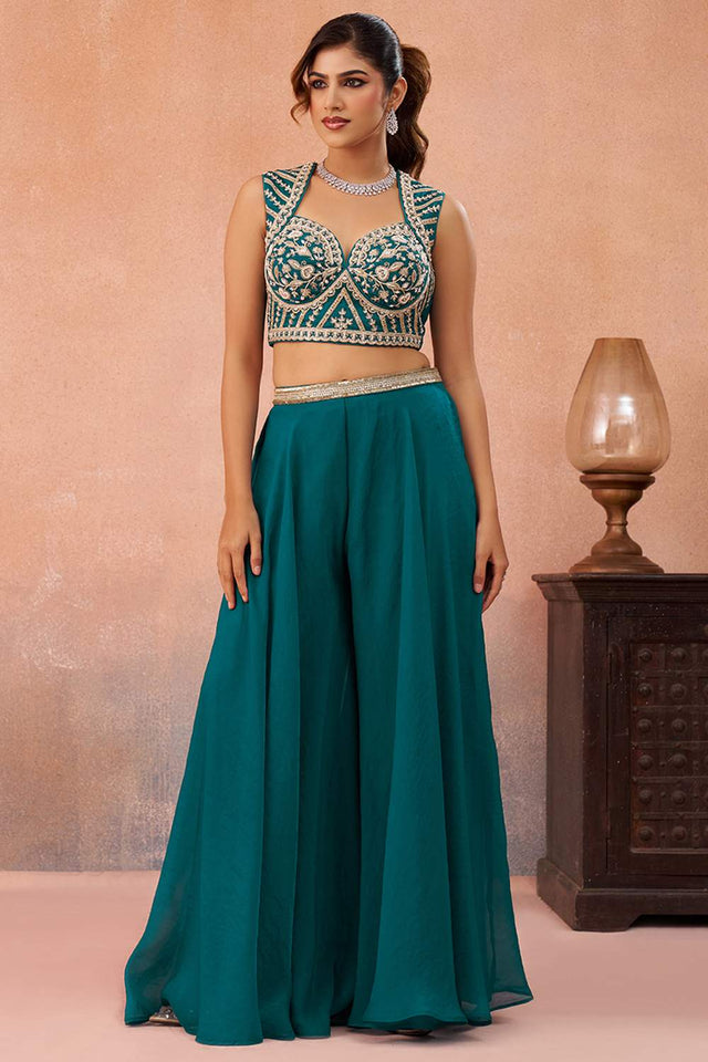 Turquoise Floral Embroidered Organza Co-Ord Set (ACA6146)