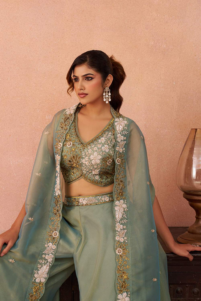 Green Floral Embroidered Tissue Co-Ord Set (ACA6149)