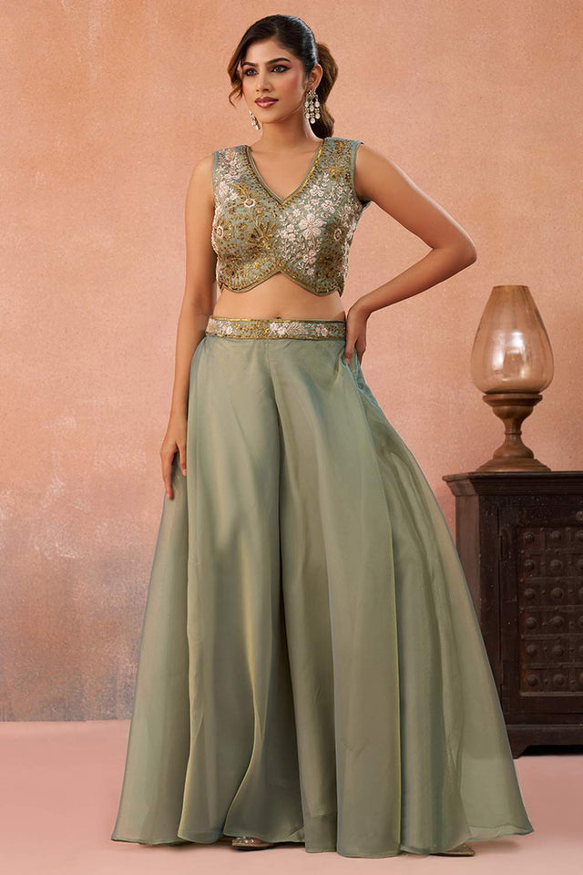 Green Floral Embroidered Tissue Co-Ord Set (ACA6149)