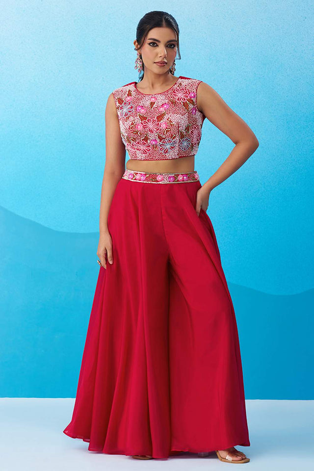 Pink Floral Embroidered Crepe Co-Ord Set (ACA6151)