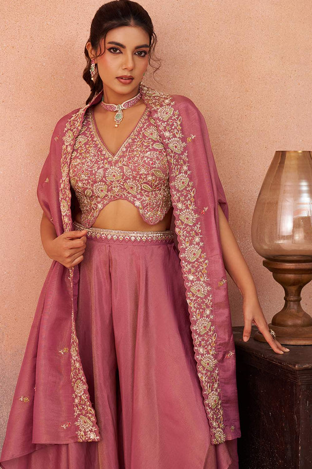 Pink Floral Embroidered Crepe Co-Ord Set (ACA6152)