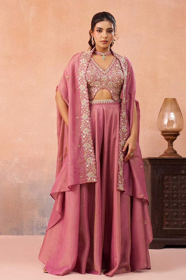 Pink Floral Embroidered Crepe Co-Ord Set (ACA6152)