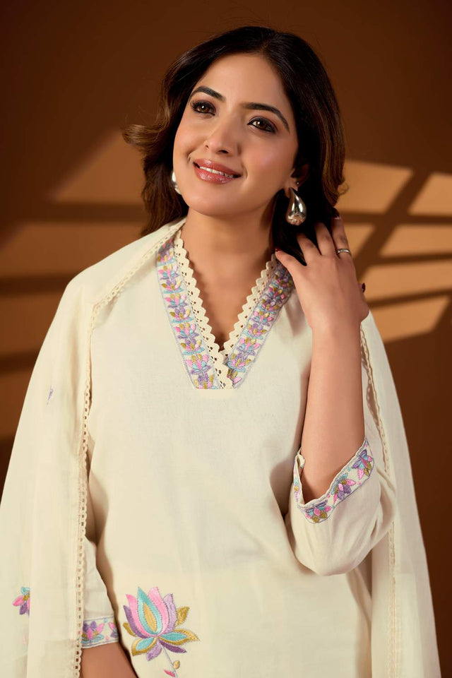 Cream Floral Embroidered Cotton Kurti Pant Set (ACA6155)