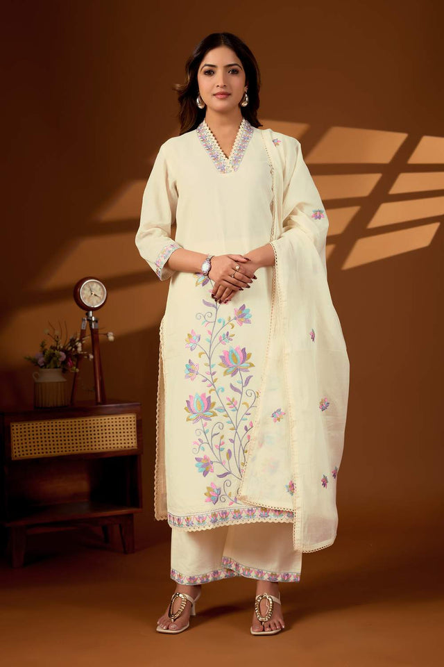 Cream Floral Embroidered Cotton Kurti Pant Set (ACA6155)