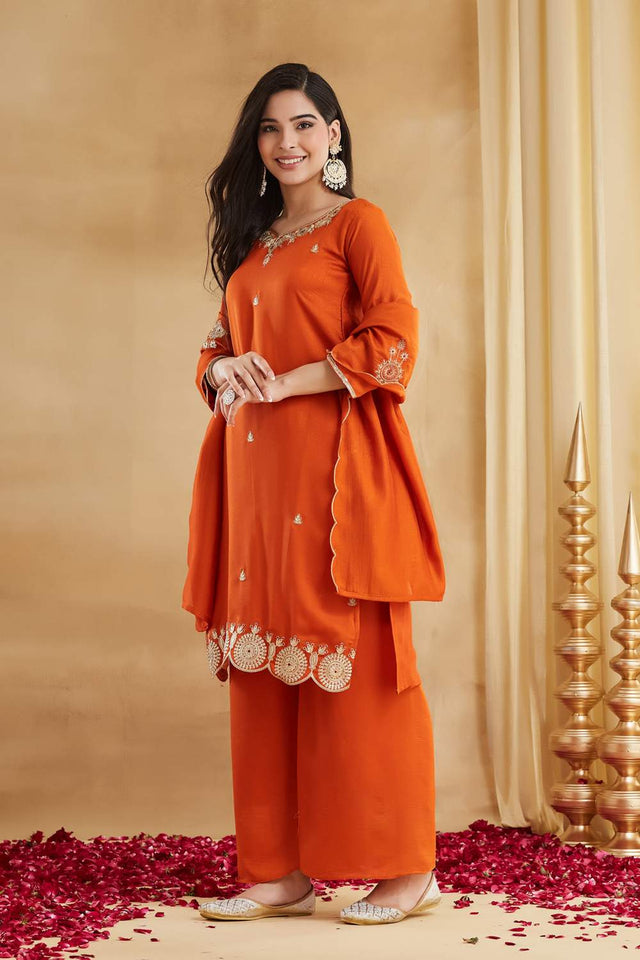 Orange Embroidered Silk Kurti Pant Set (ACA6157)